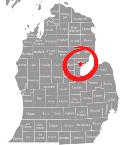 Our service areas circled in red on Michigan county map